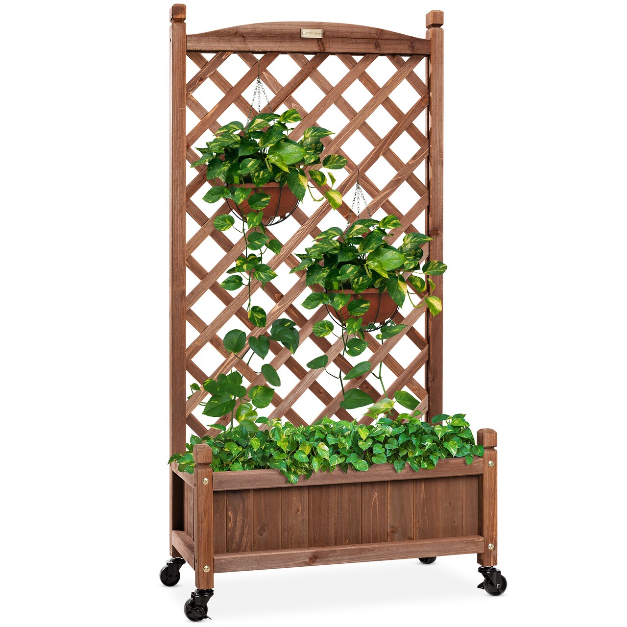 Best Choice Products 60in Mobile Wood Planter Box & Diamond Lattice Trellis, w/ Drainage Holes, Optional Wheels - Walnut